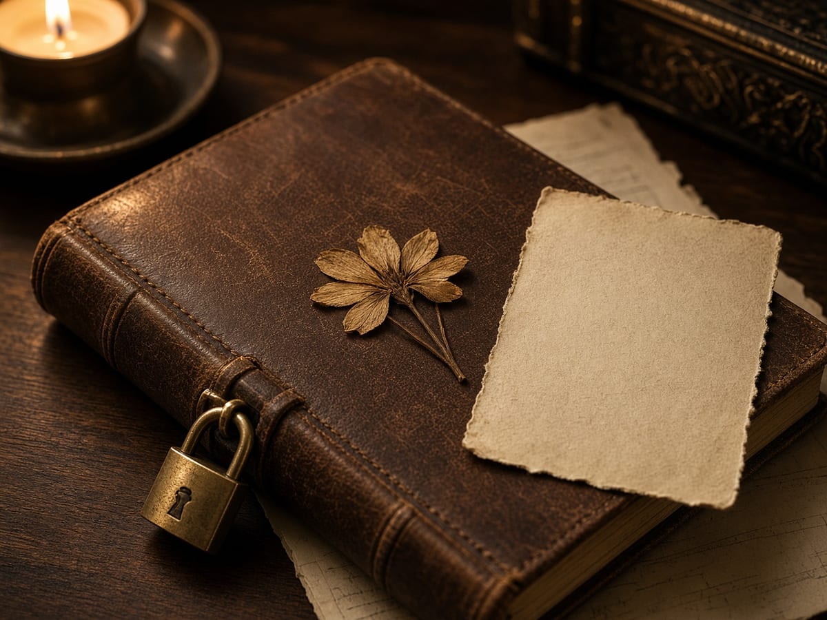 A locked leather diary, pressed flower, and candlelight.