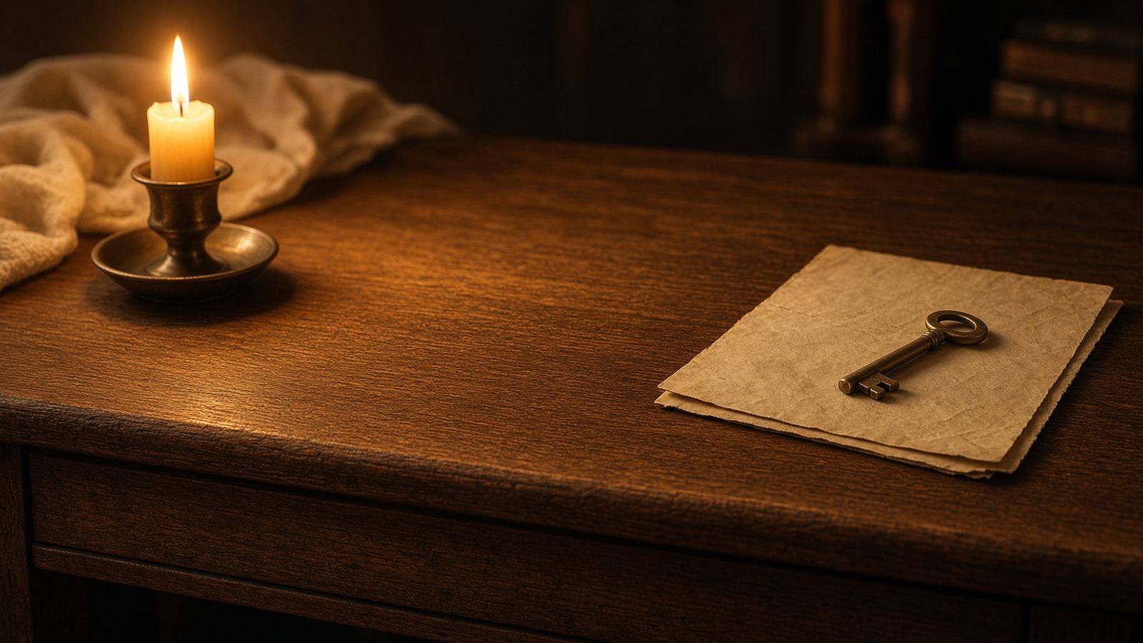 A locked chest, gold padlock, and sealed letters by candlelight.