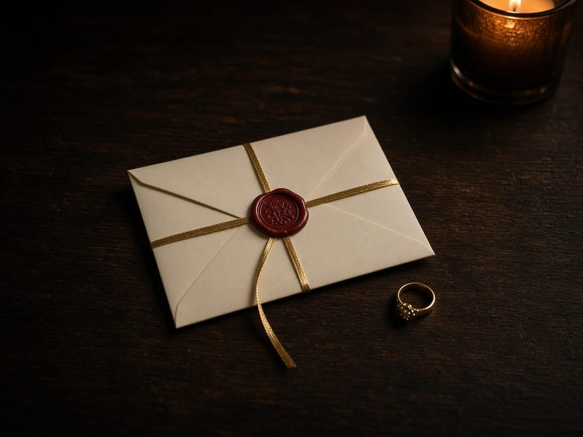 A sealed envelope tied with a gold ribbon.