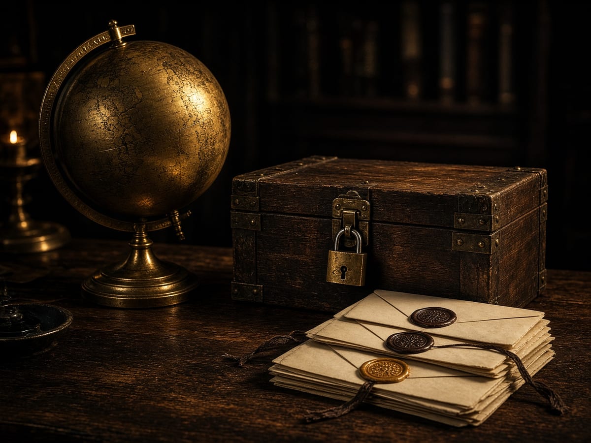 A vintage globe beside a locked chest of letters.